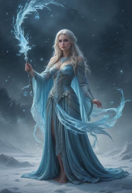 Frost Sorceress. Pale skin, glistening with a layer of frost, reflecting the light with a subtle, icy shimmer. Her long silver hair cascades down her back like a frozen waterfall, catching the light with each movement. Eyes, a piercing icy blue, with a slight inner glow that hints at her immense magical power. Her face is framed by high cheekbones, giving her an otherworldly beauty. Lips slightly parted. She's clad in gown made of silver, intricately woven with patterns that resemble snowflakes and frost. Robes adorned with crystals that catch the light, glimmering like diamonds in the cold. A long cape flows behind her, the edges encrusted with frost, trailing softly over the snow. Her hands are slender & graceful. She wields a tall, ornate staff that glows with an intense, magical blue light, casting an eerie glow around her. A vast frozen tundra stretches out behind her. Snowflakes fall gently from a gray, overcast sky, swirling around her in a delicate dance. Ice crystals form on the ground, creating a shimmering path. In the distance, towering glacial mountains loom, partially obscured by a thin veil of mist. The air is filled with the soft sound of the wind blowing across the ice, creating an atmosphere of serene, frozen beauty. Cool, ethereal lighting with a soft blue hue, enhancing the icy tones of her skin and robes. Light reflects off sow & ice, casting a frosty glow, adding to the mystical & powerful aura. bad_prompt_version2, negative_hand