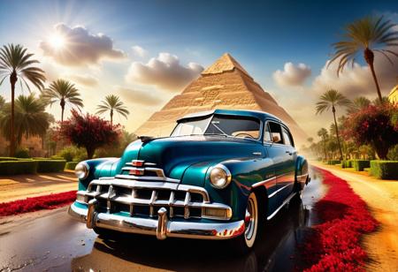 cinematic photo of 1950 Chevrolet Deluxe, magnificent three pyramids of Giza appear clearly, charm, highly detailed car, Professional lighting, full of life, Lively and energetic, 8K, rays of sun flow beyond heavy clouds, HDR, Fast & Furious movie, motion blur, moving tires, Cinematic Shot, Cinematic Lighting, amazing world, pure perfection, Need For Speed, wide angle exterior background, wet asphalt road, autumn leaves, grass, flowers, jasmine flowers, palm trees, nebula horizon.