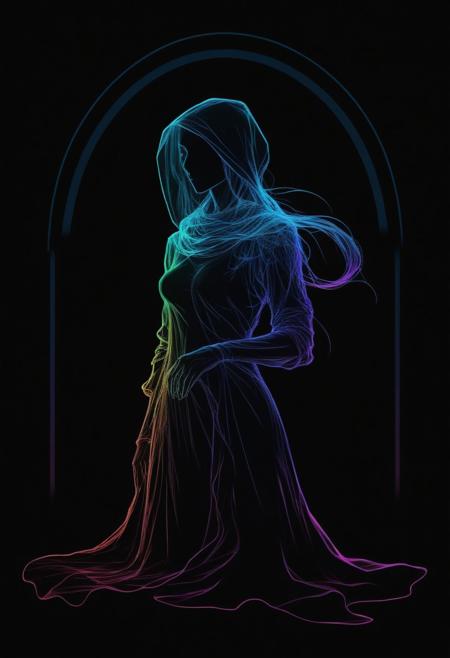 rainbow colored silhoutte outline against a dark background,a female reaper,anime,magical fantasy,universe,inspired by Maria Kreyn,Crystal,inverted,negative space,