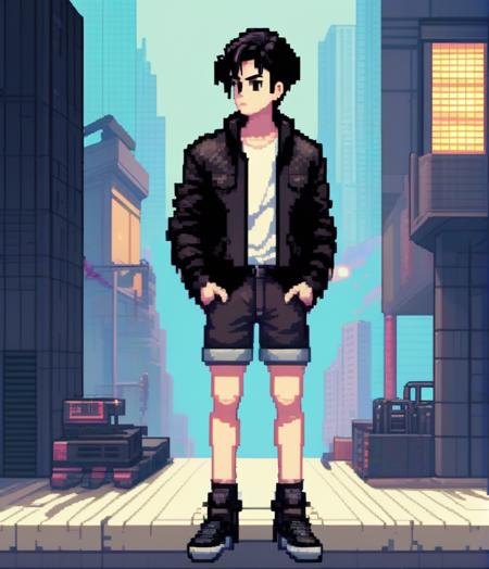 pixel art, solo, 1boy, shorts, male focus, shoes, jacket, standing, short hair, shirt, building, black hair
<lora:sdxl_pixel:0.65>