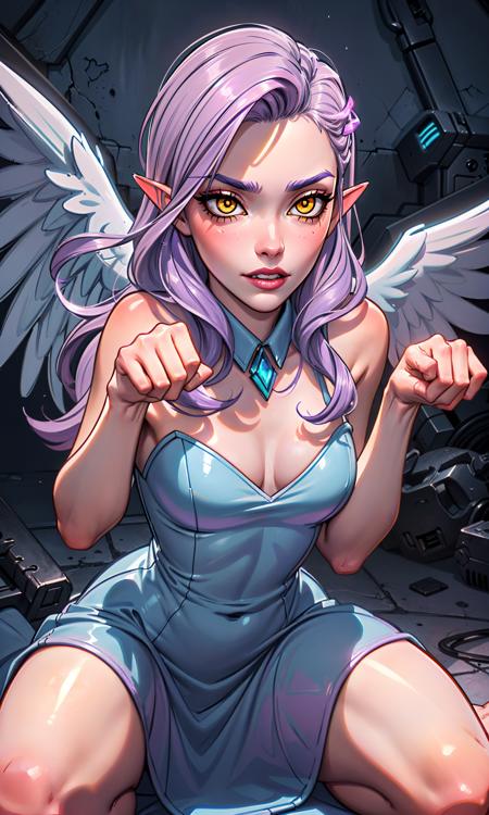 VioletAngel_(Darmchirk),purple hair,pointy ears,halo,yellow eyes,angel wings,dress,