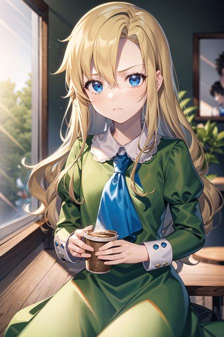 maryib, 1girl, green dress, blue ascot, flat chest, frown, cowboy shot, cafe, drinking coffee, window, daytime, indoors, sitting on chair, looking at viewer, solo, (detailed background), beautiful cg, best quality <lora:maryibv6-000007:1>