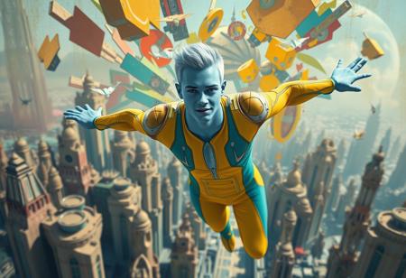 1boy, blue skinned, silver metallic short hair,  aged 30 (full body, facing camera, from below). Futuristic fashion, a golden yellow and teal  high tech bodysuit ,  it is form fitting with an open face design. the man has pale blue skin and is muscular and has an athletic  form , the hero is flying above a futuristic alien city that is very idyllic and made of numerous organic shaped buildings ,, the city behind him exploding into fractured shapes and vibrant brushstrokes. cinematic realism, modernist abstraction, vintage fashion, expressive color palette, fragmented composition, narrative surrealism, romantic noir, bold geometric forms, rhythmic patterns, textured brushwork, dreamlike tension, symbolic elements, 20th-century elegance, surreal backgrounds, abstract expression, stylized figures, visual dynamism, painterly contrast, emotional ambiguity, narrative experimentation