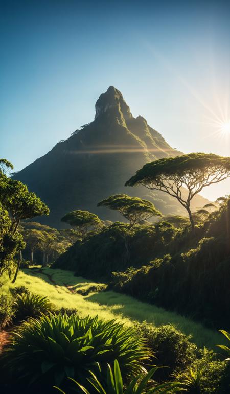 Serene landscape featuring the towering pico co grande amidst verdant tropical vegetation under morning sky with lensflare from sun, copy space, design template, breathtaking photograph, dramatic light, award-winning, professional, highly detailed . 35mm photograph, film, bokeh, professional, 4k ,minimalistic, daylight, warm atmosphere, <lora:add-detail-xl:1>, cinematic look, <lora:SDXLHighDetail:0.3>