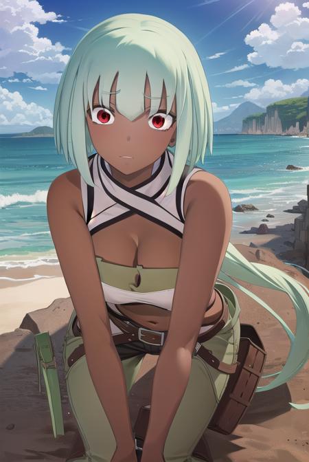 emerald sustrai, short hair, (red eyes:1.5), green hair, dark skin, dark-skinned female, navel, cleavage, midriff, belt, cleavage cutout, chaps,