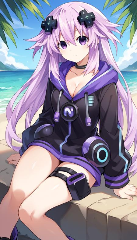 Adult Neptune \(neptunia)\, purple hair, purple eyes, long hair d-pad, d-pad hair ornament, black choker, cleavage, black hoodie, hood down, long sleeves, black footwear, thigh holster,