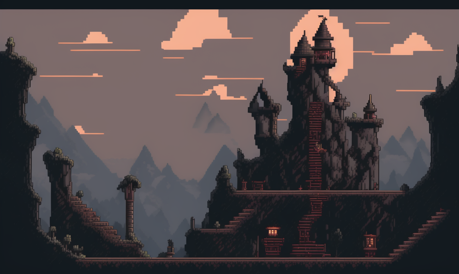 pixelart  video game environment, Create an image of a dark and ominous castle, with towering walls, winding staircases, a...
