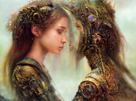 8k portrait of beautiful woman with brown hair, intricate, elegant, highly detailed, majestic, digital photography, surreal painting gold butterfly filigree, broken glass, (masterpiece, side-lighting, finely detailed beautiful eyes: 1.2), HDR, (((in the style of biomechanical))), (inspired by HR Giger)