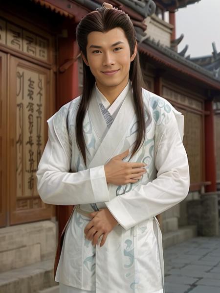 male focus, short shot, 35mm, ((very long straight hair, soft skin)), (standing, tight hanfu clothes made of silk, huge bulge), (big muscles asian male, gentle smile, hand resting on pectoral, outside, close to a chinese temple complex), (huge ass), (( sexy, detailed faces, beautiful hands, lowered arms)), volumetric lighting, 8K, best quality <lora:tangbohu:0.8>