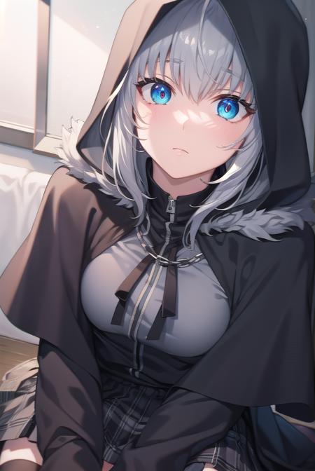 gray, blue eyes, short hair, grey hair, ahoge, black cape, black footwear, black ribbon, black shirt, black thighhighs, cape, grey skirt, hood, hood up, long sleeves, miniskirt, plaid, plaid skirt, pleated skirt, ribbon, shirt, skirt, solo, thighhighs, zettai ryouiki, hair bun, hair ribbon, ribbon, black cape, black footwear, black ribbon, black shirt, black thighhighs, cape, grey skirt, hood, long sleeves, miniskirt, plaid, plaid skirt, pleated skirt, ribbon, shirt, skirt, solo, thighhighs, zettai ryouiki,