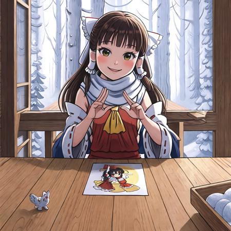 sut, award winning beautiful commission art, (masterpiece), (highest quality), cute, highly detailed, dynamic pose, anatomically correct, 5 fingers, 1girl, solo, official art, character design, concept art, highly detailed, illustration digital art, digital painting,  full body, forest, (hakurei reimu:1.2), happy, smiling, winter, snow, puffy clothes, scarf, evening <lora:suteev_v6-000012:1>