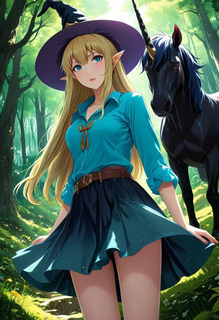 A masterpiece anime image of a dark fantasy forest with a black unicorn 
BREAK
Mid shot anime of a witch 1girl with long blonde hair, blue and turquoise silk cut shirt, skirt, wide witch hat, shot from the front below, looking at the camera, embellished expression, petting a black unicorn, expressive, detailed eyes iris
BREAK
AMAZINGLY DETAILED, ultra detailed, aesthetic high resolution, high quality, Legend of Zelda style, Ghibli style, anime, Cowboy bebop style