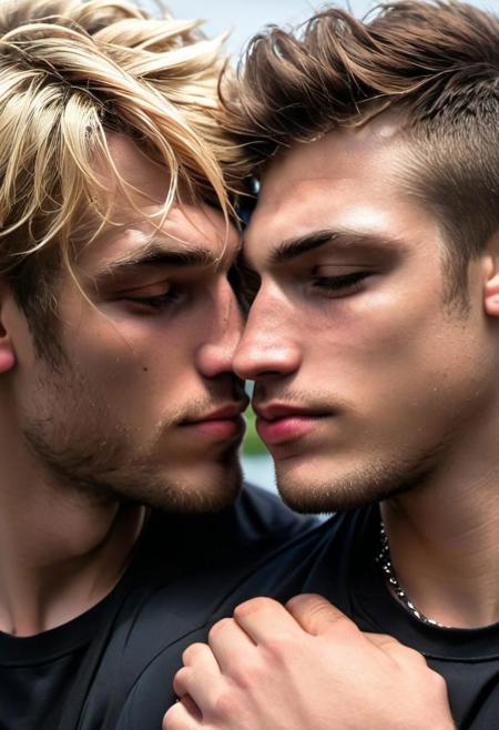 kyle ross, male focus, 2men, two handsome 18yo platinum blonde twinks embracing and kissing, close up of faces kissing, holding each other from behind, hugging from behind, face focus, dynamic posture, dramatic angle, camera angle from below, shirtless, stubble, hands on hip, black dog collar, black neck collar, long chain necklace, shirtless, kinky,
skinny muscled, slender muscled, skinny, slender features, narrow shoulders, detailed armband tattoo, cute face, boyish face, perfect biceps, bicep veins, bulging veins, defined veins, great pecs, thin waist, angular face, strong and powerful, sporty, predatory look, feathered hair, long hair, shoulder length hair, great detail, satisfaction, blue eyes, bubble butt, small ass, small butt, tight shorts, 
(Masterpiece, high quality:1.3), masterpiece, depth of field, bokeh, detailed, homoerotic, (homoerotic), highly detailed, sharp focus, intricate, smooth, elegant, fantasy, cinematic lighting, cinematic, masterpiece, matte, photorealistic, 4k, beautiful, volumetric lighting, dramatic, photo-realistic, life-like, high detail, lighting, 8Knematic lighting, 8K, contrast lighting, contrasting lighting, cinematic lighting,