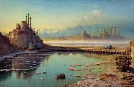 (impressionism:1.1), salt flat, Cliff/Bluff, industrialism, (john berkey:1.2), rural, a painting,scene painting,scenery, ladder,steampunk city scene,night, <lora:å·¥ä¸è¸æ±½:0.5>,