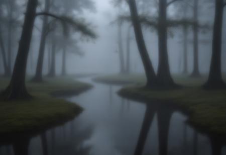 masterpiece, photorealistic, bayou, swamp, moss, trees, dark, spooky, foggy, serene, peaceful, uninhabited