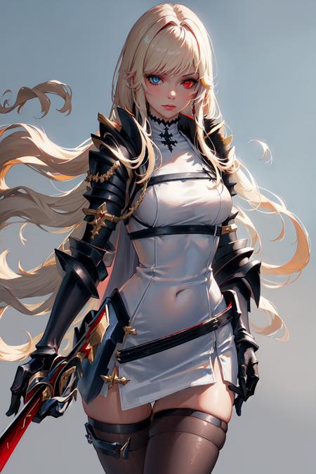 (((masterpiece))), shane, 1girl, solo, long hair, looking at viewer, light blue eyes, light red eyes, blonde hair, thighhighs, gloves, dress, holding, weapon, sword, black thighhighs, cape, holding weapon, white dress, armor, heterochromia, shoulder armor, gauntlets, <lora:shane-05:1>