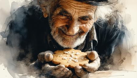 Ink art, watercolour washes, charcoal shadows: Intimate close-up of a wisened elder, deeply etched smile, delicately cradling a warm gingerbread cookie. Arthur Rackham's expressive lines, Rembrandt's poignant lighting. Sepia, ochre, desaturated blue palette. Soft window light casts gentle chiaroscuro on papery skin, crumbly cookie. Dust-moted sunbeam illuminates antique lace, worn wood. Focus: knowing eyes, gentle hands, central cookie. Atmosphere of nostalgic tenderness, quiet contemplation; implied baking spices, wisp of steam.