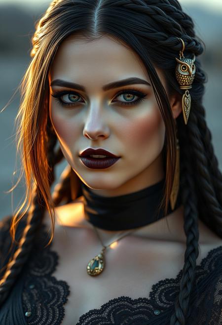 closeup portrait of a woman goddess ATHENA mid 30s, thin fit, big boobs, jet black sleek hair fading to gold, dramatic smokey eye makeup, high-neck black silken top, golden lipstick, subtle tear-shaped face jewel, soft moonlight on pale skin, photorealistic  
closeup, photorealism, braided hair, big boobs, thin fit, smokey eye, lace top, black lipstick, moonlight, one eye looks like an owls, golden  iris 
fullbigttgothgflady-mk.1