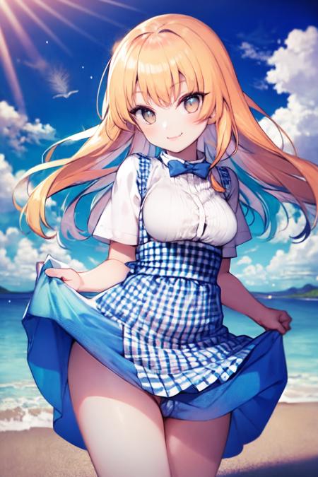 <lora:kobeya uniform_Loha:1>, kobeya uniform, skirt, breasts, white shirt, bow, shirt, blue apron, apron, blue bow, blue skirt, short sleeves, leaning forward, looking at viewer, bowtie, uniform, alternate costume, high-waist skirt, plaid, waitress, 1girl, smug, medium breasts, wide hips, pussy, (windy:1.3), (skirt lift),