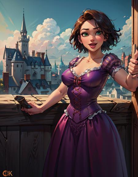 (RapunzelWaifu:1), 1girl, cute, cute pose, (short hair, brown hair, green eyes), (purple dress), curvy, looking at viewer, smile, :D, breast focus, leaning forward, 
(detailed ladscape, castle, window, sky, bricks, clouds:1.2), window, (background:1),  (dynamic_angle:1.2), (dynamic_pose:1.2), (rule of third_composition:1.3), (dynamic_perspective:1.2), (dynamic_Line_of_action:1.2), solo, wide shot,
(masterpiece:1.2), (best quality, highest quality), (ultra detailed), (8k, 4k, intricate), (full-body-shot:1), (Cowboy-shot:1.2), (50mm), (highly detailed:1.2),(detailed face:1.2), detailed_eyes,(gradients),(ambient light:1.3),(cinematic composition:1.3),(HDR:1),Accent Lighting,extremely detailed CG unity 8k wallpaper,original, highres,(perfect_anatomy:1.2),
<lora:RapunzelShortHair_Character-10:0.7>