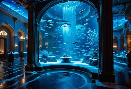 (nighttime:1.2), (frosty luxurious expansive atrium hall museum interior with many frosty large fish encased in solid ice behind elaborate icy compartments:1.24), multifloored with ribbed vaults painted in blue gold filigree, (many artifacts on display podiums exhibit cases covered in frost in the background:1.28), (glowing bioluminescent) corals, (chilly freezing fog in moody atmosphere, vibrant cohesive color grading), 4k, highres, best quality, dramatic, cinematic, epic, (concept art, digital art, realistic, professional masterpiece, dynamic, depth of field, tilt shift, iris blur, bokeh, sharp clarity:1.2), fine intricate details, great lighting, dappled soft lighting, volumetric lighting, detailed highlights, rim lighting