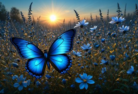 Terrestrial tapestry, wild flowers at sunrise, a surreal play of chiaroscuro, by Valent10179, hd, a stunning digital h. bosch's masterpiece, tiny blue butterfly sitting on detailed petal, sculptural 3d convexity