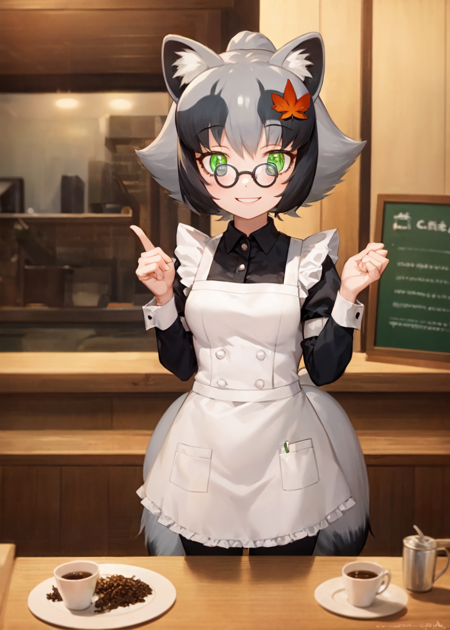 1girl, solo, danzaburou-danuki, grey hair, multicolored hair, high ponytail, green eyes, glasses, raccoon ears, raccoon tail, leaf hair ornament, maid uniform, apron, puffy sleeves, frills, standing, looking at viewer, smile, indoors, cafe <lora:danzaburoudanuki:1>