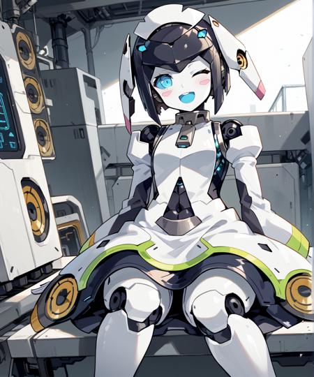 dia (wolrd flipper), robot girl, humanoid robot, android, multicolored skin, colored sclera, blue sclera, blue eyes, colored tongue, blue tongue,  blush sticker, headgear, joints, robot joints, white dress, detached sleeves, puffy sleeves, flat chest, zipper pull tab, covered navel, mechanical skirt,translucent