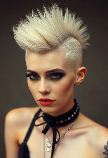 a 1980s  photo of a woman with a mohawk, by Shani Rhys James, tumblr, very very pale blond hair, iren horrors, shaved sides short top, eighties look, amy sol in the style of, gothic makeup, fluffy'', diesel punk female, clean shaved, edited