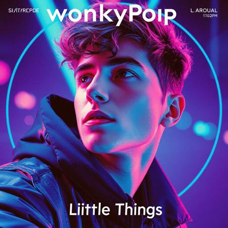 high quality design aesthetics, new wave, eighties, synthpop, detailed, pop album cover, young white man, artist name "WonkyPop", album title "Little Things"