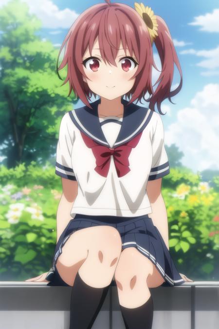 masterpiece, best quality,1girl,solo,aoi hinata,red hair,red eyes,short hair,side ponytail,ahoge,hair flower,school uniform,serafuku,red bowtie,white shirt,miniskirt, black socks,<lora:himawari:0.5>