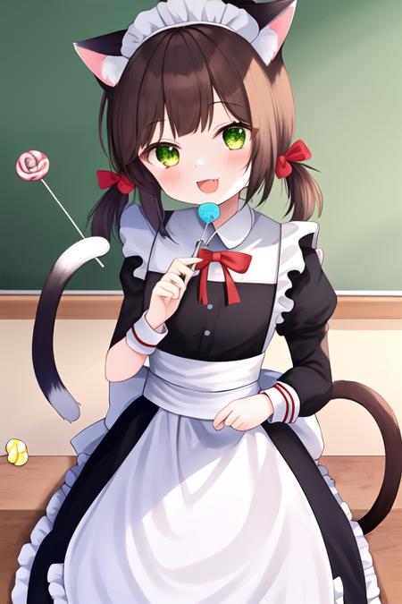 masterpiece, best quality, highres, 1girl, solo, {maid:1.20}, {long maid dress:1.10}, {mutsuki_azurlane:1.10}, animal_ears, brown_hair, cat_ears, green_eyes, open_mouth, hat, short_hair, twintails, short_twintails, ribbon, school_hat, tail, yellow_headwear, cat_tail, blush, smile, animal_ear_fluff, low_twintails, fang, candy, food, cat_girl, lollipop