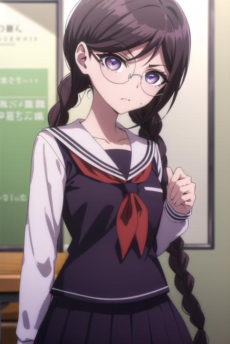 toukofukawa, <lora:touko fukawa s1-lora-nochekaiser:1>,
touko fukawa, long hair, bangs, brown hair, braid, glasses, mole, twin braids, mole under mouth, round eyewear, (brown eyes:1.3),
BREAK skirt, shirt, long sleeves, school uniform, serafuku, sailor collar, neckerchief, black shirt, red neckerchief,
BREAK indoors, classroom,
BREAK looking at viewer, (cowboy shot:1.5),
BREAK <lyco:GoodHands-beta2:1>, (masterpiece:1.2), best quality, high resolution, unity 8k wallpaper, (illustration:0.8), (beautiful detailed eyes:1.6), extremely detailed face, perfect lighting, extremely detailed CG, (perfect hands, perfect anatomy),