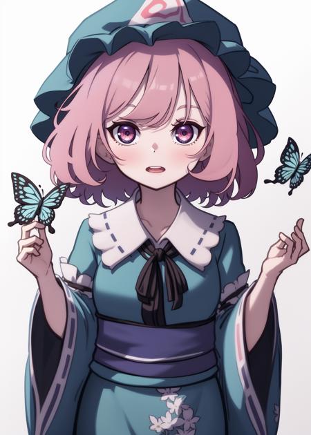 1girl, solo, saigyouji yuyuko, looking at viewer, short hair, open mouth, simple background, long sleeves, hat, white background, upper body, pink hair, frills, japanese clothes, wide sleeves, pink eyes, kimono, sash, floral print, mob cap, bug, butterfly, blue headwear, blue kimono, triangular headpiece, frilled kimono
<lora:kame_rebake_old_v2-000020:unet=1:te=1>