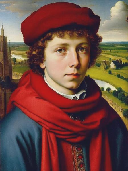 <lyco:LucasCranach:1.0> pioneer boy with a red scarf around his neck and a red cap in the style of the artist Jan van Eyck.