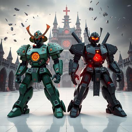 "Ultra-detailed 3D render of two  robots standing in unison on a pristine white stage before the Supreme King's Castle, a gothic fortress with obsidian spires and glowing crimson runes.
Left: Superheavy Samurai Prodigy Wakaushi – A jade-green mechanoid with kabuto-style helmet, articulated samurai armor plates, and a glowing yellow starburst emblem on its chest. Its head features a pulsating ruby-red sensor array, while twin katanas crackle with plasma energy on its back.
Right: Martial Metal Marcher – A matte-black war machine with industrial riveted plating, hydraulic piston limbs, and a blazing amber optic visor. Its chest pulses with a crimson reactor core, and its fists morph into rotating tungsten drill bits.
Both robots stand in mirrored battle stances, energy fields intertwining as they face a holographic threat. The castle looms with floating debris and prismatic energy storms, its arches crumbling under cosmic pressure. Dramatic Dutch angle shot using Unreal Engine 5 ray tracing, Octane Render hyper-textures, and Raphael-style chiaroscuro lighting. Metallic surfaces reflect fractal nebulas, while splash ink effects blend with Houdini particle simulations for a retro-mecha aesthetic. 8K resolution, ArtStation-trending composition, golden ratio symmetry, dominated by emerald, onyx, and crimson with chromatic combat-readiness accents."