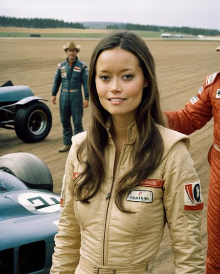 summer_glau, <lora:SummerGlauXL:1>,1970 racing jumpsuit, formula 1 pilot, standing next to a 1970 racing car, in front of the camera, Cowboy Shot, Two Shot, Deep Focus, smiling, ((perfect eyes, detailed eyes,realistic eyes)), ((sharp face, detailed face, realistic face, naturtal skin, realistic skin, detailed skin, pores))