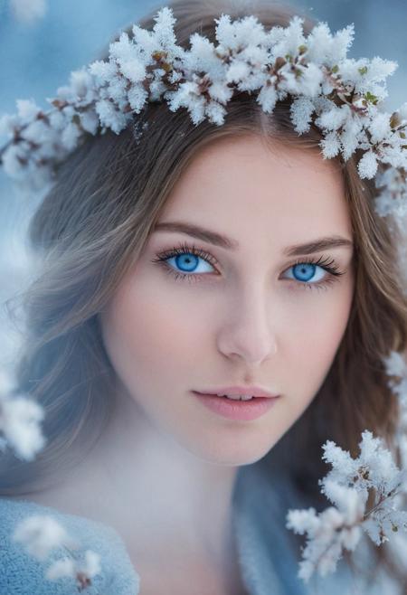In this tranquil portrait, 
a young woman's face is framed by soft, 
ethereal blossoms, 
accentuating her striking blue eyes and the gentle dusting of frost that mimics a winter's touch. The cold hues and the floral crown suggest a harmonious blend of the chill of winter and the promise of spring, 
capturing a moment of pure, 
untouched beauty in a natural, 
frosty environment.