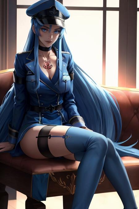 long_hair,hat,peaked_cap,blue_eyes,blue_hair,choker,very_long_hair,military_uniform,thighhighs,tattoo