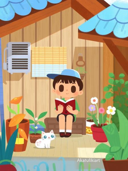 AMELICART. masterpiece, best quality,high detailed. A digital drawing captures a sunny backyard with a tan boy wearing a blue hat, green shirt, and shorts, reading a small book. Surrounding him are potted flowers, a cat, an air conditioner, bamboo blind, and a wooden house with blue-tiled roof. The style is whimsical and colorful with a light summer atmosphere. "Akatsukian" signature is visible on the bottom left.