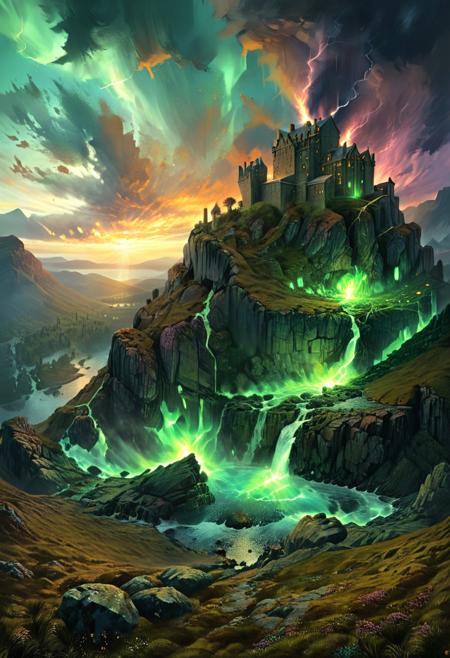 (by Ellen Jewett:1.5), (Bioluminescent Impressionism, Scottish highland  landscape, Flow in the Name of fire* *Channel_42* *中* *Broadcasting* *Artificially_Atypically_Autistically* *Magnetic**Synesthesia* *lightning*, The Dreamland, green earth, heather, sky sunset, sunrise ,waterfall, great castle on a crag, Crag, highland mountains, ethereal landscapes, depth of field, biotech emotion:1.3) <lora:xl_more_art-full_v1:0.5> <lora:add-detail-xl:1> <lora:RMSDXL_Creative:2>*Channel_42* ral-wlfnte, PEAnimeBG, scenery