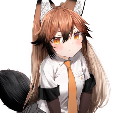 akagitsu, 1girl, solo, animal ears, fox ears, long hair, fox tail, ginger hair, gray pleated skirt, black gloves, black sleeves, white bowtie, black knee-highs, short sleeves, yellow necktie, white shirt, orange sleeves, hair between eyes, very long hair, fur-trimmed sleeves, fox girl, bangs, orange eyes, black loafers, brown tipped ears, black tail, white tipped tail, breast pocket, breasts, detailed shading, detailed ambient light