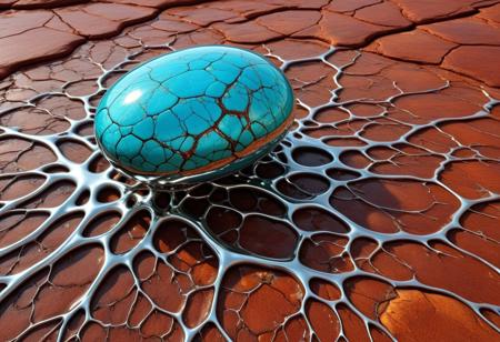 small polished and shiny turquoise peebles scatered in a delicate network of made out of liquid chrome tendrils spreading on a red flat rock, veins of chrome and silver running on a red rock formation, dusty and rocky ground, photorealism, 4k, photorealistic, deep tones,