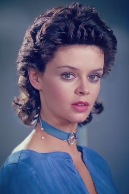 A studio photo of gabrielledrake woman, younger, extreme closeup facial portrait, (enticing:1.1), (younger:1.1), looking at viewer, mouth open, wearing heavy blue eye-shadow and 1970s makeup,(masterpiece:1.2), (best quality:1.2), beautiful, (intricate details), blue background, blurry, choker, professional photograph, ,