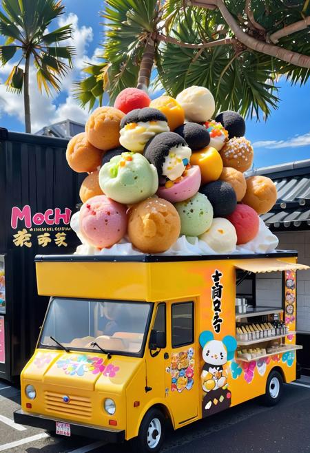 A vibrant food truck decorated with colorful anime characters. A friendly vendor serves a fusion dessert: mochi ice cream balls with exotic flavors like black sesame and mango, topped with whipped cream and edible gold flakes.  Text overlay: "Mochi - chewy, sweet, a traditional Japanese treat loved by all!", 4ng3l face