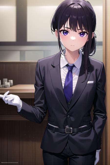 takinainoue, <lyco:takinainoue-lyco-nochekaiser:1>, 
inoue takina, long hair, bangs, ponytail, black hair, (purple eyes:1.2),
BREAK gloves, long sleeves, jacket, necktie, black gloves, collared shirt, belt, pants, vest, black jacket, black pants, formal, suit, red necktie, headset, black suit, earpiece,
BREAK looking at viewer, (cowboy shot:1.5),
BREAK indoors, restaurant,
BREAK <lyco:GoodHands-beta2:1>, (masterpiece:1.2), best quality, high resolution, unity 8k wallpaper, (illustration:0.8), (beautiful detailed eyes:1.6), extremely detailed face, perfect lighting, extremely detailed CG, (perfect hands, perfect anatomy),