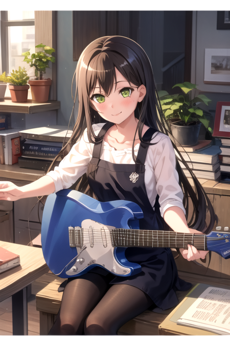 <lora:TAE-05:0.7> ,TAE, 1girl, solo, long hair, blush, smile, brown hair, black hair, sitting, closed mouth, green eyes, collarbone, pantyhose, indoors, apron, book, window, plant, instrument, bookshelf, guitar, potted plant, playing instrument, electric guitar