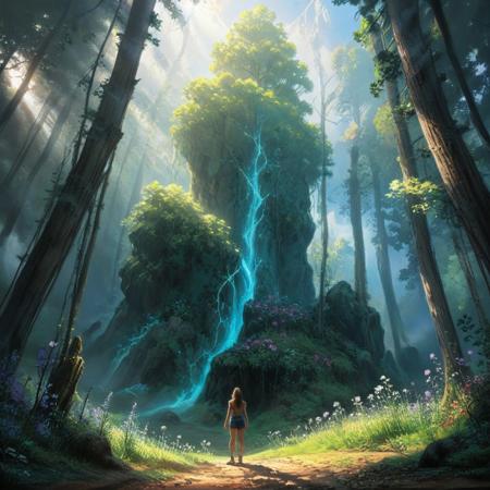 (Giant benevolent creature encounter in the forest:1.4), (masterpiece:1.4), (best quality:1.4), 4k Ultra HD, HDR, (hyper-detailed), vibrant colors, magical atmosphere, detailed_shadows, ethereal lighting. A majestic giant stands amidst ancient trees, its gentle eyes reflecting wisdom and kindness. Its skin has a textured, bark-like appearance, blending harmoniously with the forest surroundings. The creature towers above, yet exudes warmth and peace, with soft, sweeping movements. Lush greenery and delicate wildflowers surround its feet, accentuating its connection to nature. Dappled sunlight filters through the canopy, creating a tapestry of light and shadow on the creature's form. In the foreground, a human stands in awe, emphasizing the towering scale and serene aura of the scene. The composition captures the mystical essence and serene beauty of this extraordinary encounter.