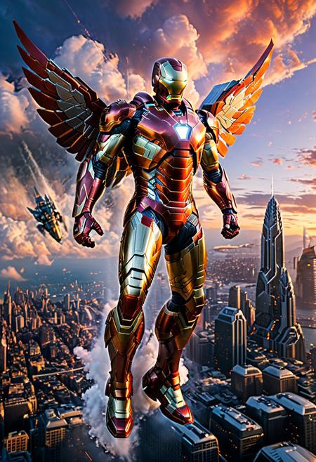 score_9, score_8_up, score_7_up, masterpiece, realistic, 3D realistic, fantasy, ultra detailed, ultra quality, ultra resolution, 8k, cinematic lighting, 
Imagine a breathtaking scene set in a futuristic cityscape at dusk. The sky is ablaze with hues of orange and purple, casting a cinematic glow over the soaring skyscrapers and reflecting off sleek metal surfaces. Amid this backdrop, we see Ironman, clad in his iconic armor, sporting majestic wings that catch the last rays of sunlight.
His armor shows battle scars, with pieces of it visibly broken and glowing arcs of energy pulsating through the gaps. Ironman is captured in a dynamic pose, hovering effortlessly in the air, engaged in a fierce mid-air battle. His repulsors are ablaze with energy as he darts and weaves through the clouds, evoking a sense of speed and power.
The level of detail is mesmerizing, from the intricate patterns on Ironman's armor to the cityscape below, rendered in stunning 3D realism. Every building, every rivet on Ironman's armor, and every wisp of cloud is defined with ultra-quality precision, creating a scene that seems almost tangible in its clarity.
The image is rich in fantasy elements, blending the futuristic setting with the mythical aspect of Ironman's wings and the epic nature of his aerial combat. The combination of ultra resolution and cinematic lighting elevates the scene to an almost tangible level, drawing the viewer into a world of beauty and action.