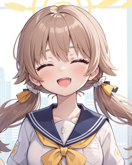 <lora:hifumi-t94-e6:1>
ajitani hifumi
, 1girl
, school uniform, halo, [(yellow eyes:0.0), low twintails, light brown hair:4]
, :d, (closed eyes:1.1)
, [medium breasts:4], solo.
close-up.